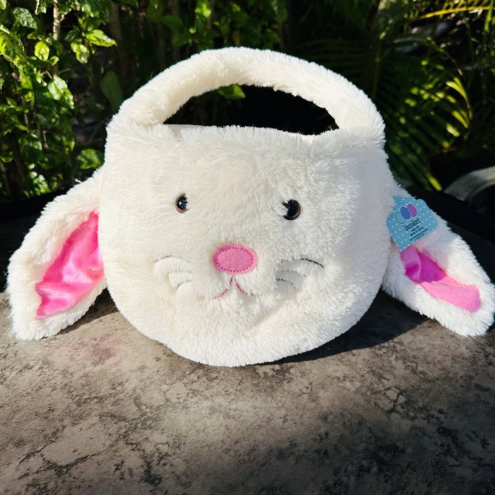 Plush Easter Bunny Basket Off White Rabbit Soft Fake Fur Animal Unisex Spring